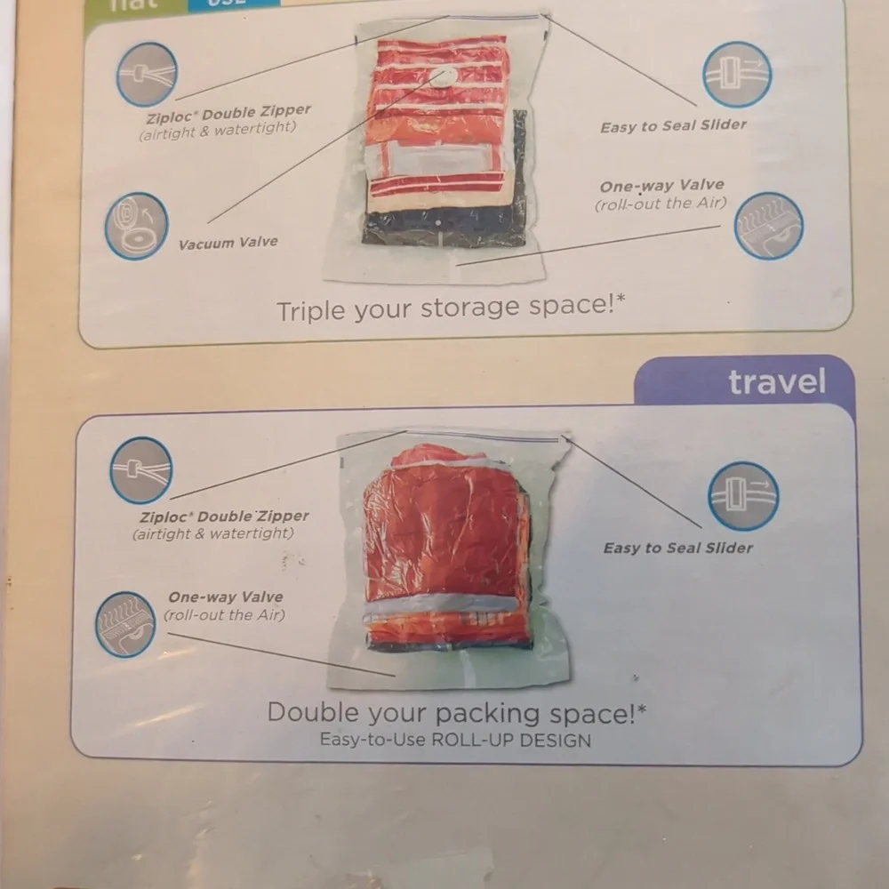 Sealed Ziploc Space Bags 5 Count Variety Pack 3 Travel 1 Large & Medium Flat